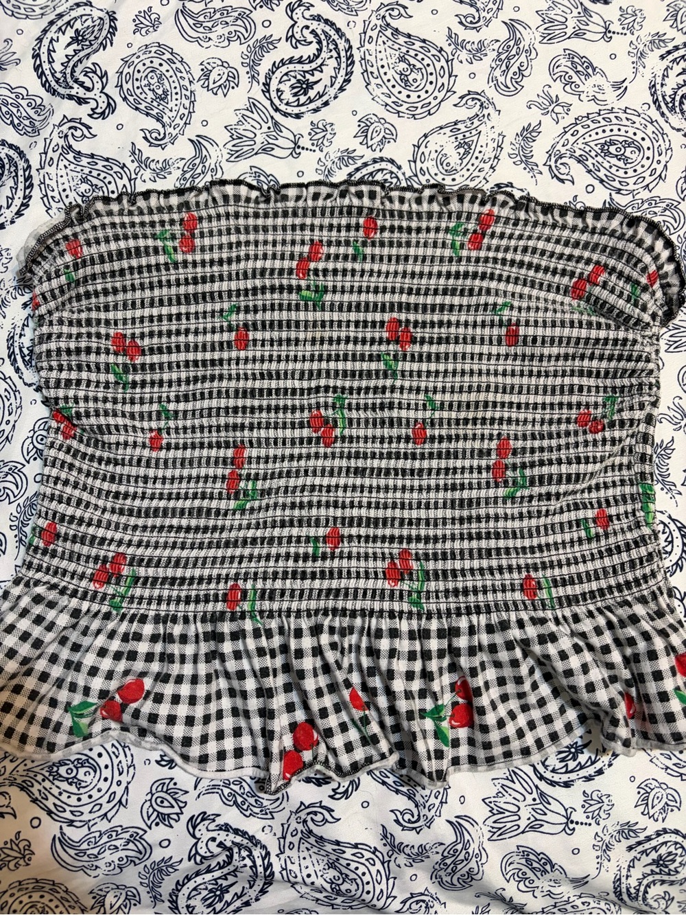 Gingham Smocked Tube Top with Cherry Print